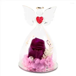 Decorative Flowers Gift For Girlfriend Forever Rose In Angel Glass Cover Eternal Home Decor Gifts Wedding Valentine Day(Purple)