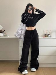 Women's Two Piece Pants Side Stripe Casual Sports Suit For Men And Women Fashion Long Sleeve Cropped Top Wide Leg Straight Pant Sets