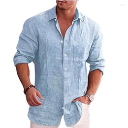 Men's Casual Shirts 2024 Linen Long Sleeve Solid Colour Loose T-Shirt Cotton Shirt Turn-down Collar Men Clothing