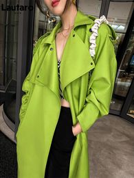 Women Blends Lautaro Spring Autumn Long Oversized Bright Green Faux Leather Trench Coat for Women Belt Loose Stylish Luxury Designer Clothing 231120