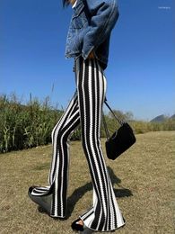 Women's Pants Black White Stripe Slit Flare Korean Fashion Elastic High Waist Wide Leg Pantspring Autumn Casual Long Trouser