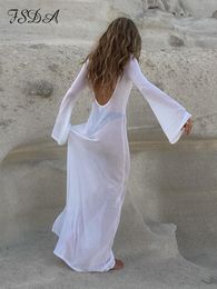 Casual Dresses FSDA Maxi Long Sleeve Women Dress Backless Club See Through Mesh Summer Sexy Party Beach Bodycon 230421