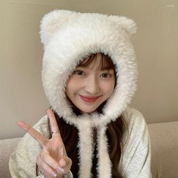 Berets Kawaii Women Winter Cute Bear Ear With Ball Thickened Hats Korean Warm Fur Plush Hat Bomber JK Cap Protection