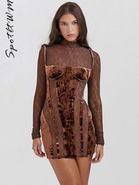 Women Sexy Lace Veet Patchwork Mini Dress Elegant Stand Collar Long Sleeve Bodycon Dresses Fashion Female Paty Club Vestidos