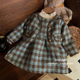 Clothing Sets Winter Korean 2023 Toddler Girl 3PCS Clothes Set Turtleneck Undershirt Suit Plaid Sundress Thick Cardigan Coat Kids Outfits