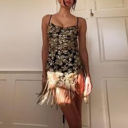 Casual Dresses 2023 Tassel Glitter Spaghetti Strap Mini Dress Women Sexy Sleeveless Backless Floral Sequins Party Vintage Clubwear
