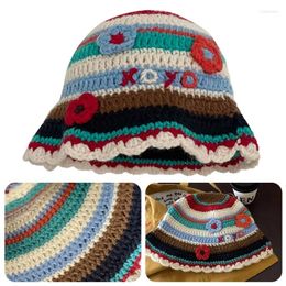 Berets Knit Cap Girls Bonnet Y2K Crochet Flower Hat Women Japanese Style Fisherman DXAA