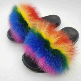 Sandals Women Summer Fashionable Rainbow Fur Slides Plush Fuzzy Slippers Furry Sandals Amazing Shoes Big Size Us 11 230417