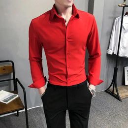 Men's Dress Shirts 2023 Spring Summer Long Sleeve Formal Male Solid Color Business Casual Men Slim Fit I142