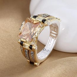 Wedding Rings Mens Domineering Square For Men Antique Gold Color Champagne Zircon Bands Luxury Engagement Ring Male Jewelry Gift