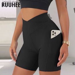 Yoga Outfit RUUHEE Leggings Women High Waist Yoga Sport Shorts Biker Shorts Women Sports Leggings For Fitness Cross Waist Pocket Yoga Pant T230421