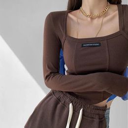 Women's T-Shirt American Style Brown Cropped Top Women Fashion Skinny Sexy Long Sleeve T Shirts Female Casual Square Neck Tees 230421