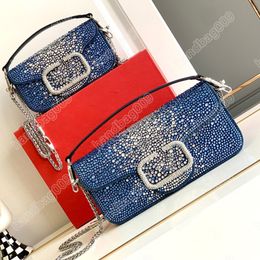 Top quality designer bag Mini Loco handbag Imitation crystal baguette bag Chain style crossbody bag Drilling bag Detachable leather handle