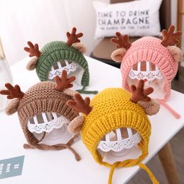 Caps Hats Cute Deer and Deer Horn Baby Hat Winter and Autumn Warmth Plush Knitted Warmth Earmuffs Children's Warmth Hat Bear Christmas Hat 231120