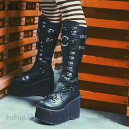 Boots INS Brand New Womens Thigh High Combat Boots Women Lace Up Zip Thick Wedges BucklePunk Goth Cool Fashion Women Street Booties T231121