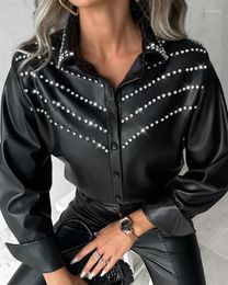 Women's Blouses Casual Shirt 2023 Selling Autumn Fashion Long Sleeved Collar Rhinestone Pu Leather Top