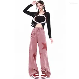 Women's Jeans Vintage Brick Red Stars Embroidery Y2k Baggy Women American Style Streetwear High Waist Fashion Denim Pants