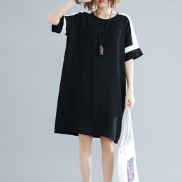 Повседневные платья #3220 Летнее черное платье Женщины сплайсированные цвета o шея шифоновая футболка свободные короткие рукава карманы длиной до колен