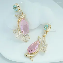 Dangle Earrings Bilincolor Fashion Golden Color Fish And Pink Zircon Earring For Women