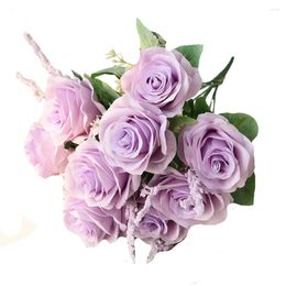 Decorative Figurines Artificial Blue Roses Flowers Silk Rose Flower Bouquet Home Garden Decoration Wedding Purple