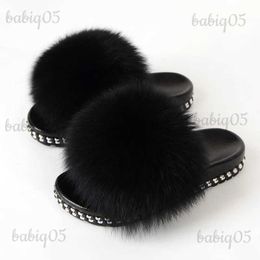 Slippers Fur Slides For Women Furry Slippers House Summer Fox Fur Sandals Ladies Luxury Fashion Female Home Shoes With Fur New Arrival T231121