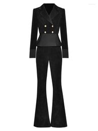 Women's Two Piece Pants Runway Designer Spring Autumn High Quality Black Suit Jacket Tops Flared Party Slim Elegant Chic Vintage Women's