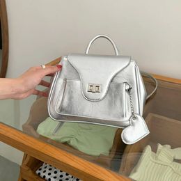 Evening Bags MBTI Silver Korean Backpacks for Women Solid Color Fashion Leather Backpacks Advanced Small Square Female Designer Luxury Bags 231121