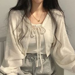 Women's Knits Tees Lucyever White Knitted Cardigan Women Summer Thin Sunscreen Lace-Up Knitwear Tops Female Korean Style Lantern Sleeve Short Coat 231120