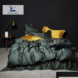 Bedding Sets Livesthete Dark Green 100% Silk Set Healthy Pure Luxury Queen King Duvet Er Flat Sheet Pillowcase Bed Linen Drop Delivery Dhl4A