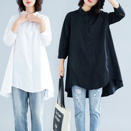 Women's Blouses #2807 Spring Autumn Black White Shirt Three Quarter Sleeves Loose Lapel Collar Casual Asymmetrical Long Shirts Women Cotton