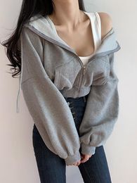 Women's Hoodies Women Short Solid Sweatshirt Tracksuit Grey Coat Female Crop Casual Zipper Cardigan Loose Long-Sleeved Jacket Top