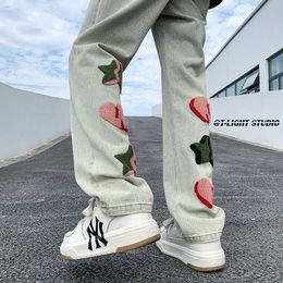 Men's Jeans Hybskr Embroidered Cute Graphic Ins Men Jeans Streetwear Loose Straight Hip Hop Male Denim Pants American Style Unisex Trousers J230420