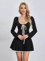 Casual Dresses Women's Black Long Sleeve Bustier Lace Patchwork Party Mini A Line Dress For Beach Cocktail Club Streetwear