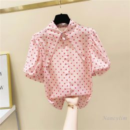 Women's Blouses Polka Dots Doll Collar Chiffon Blouse Women Short Sleeve Shirt Female 2023 Sprng Summer Clothing Puffed Sleeves Ladies Tops