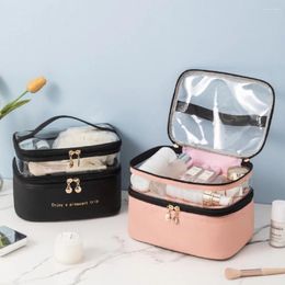 Storage Bags Large Leather Makeup Double Layer Cosmetic Case Waterproof PVC Portable Toiletries Organise For Travel-Accessories