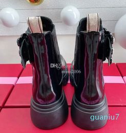 Buckle Martin Boots Fashion Patent Leather platform Short Round Toe Chelsea top high quality Boots Short Tube