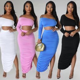 Work Dresses Echoine Solid One Shoulder Crop Top And Pleated Fold Skirt Set Two Piece Sexy Party Clubwear Matching Autumn Women Cloth