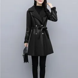 Women's Leather 2023 Jacket Fur Collar Casual Outer Wear Thick Liner For Women Fall Lace-up Slim Winter Fashion