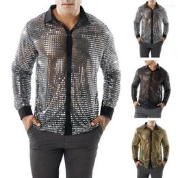 Men's Casual Shirts Men Shirt Club Vintage 70s Sequin Lapel Disco Shiny Slim Fit Performance Attire For Parties With Long