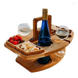Plates Wooden Folding Picnic Table Outdoor Wine Beach Bar Snack And Cheese Tray With 2 Glasses Holder