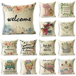 Pillow 45X45CM Linen Spring Pastoral Series Style Flower Garland Sofa Print Case Livingroom Couch Decorative Throw Pillows