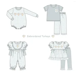 Clothing Sets Thanksgiving Long Sleeve Round Neck Romper Trucks Embroidery Jumpsuit Mint Girls Suit Lattice Outfits Boy Clothes Set