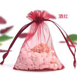 100pcs 7x9cm 9x11cm etc. Sheer Drawstring Organza Jewelry Pouches Wedding Party Christmas Favor Gift Bags (Wine Red)