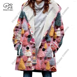 Women's Trench Coats 3D Printed Christmas Snowman Pattern Hooded Fleece Jacket Warm Winter Casual Gift Series Style S-11