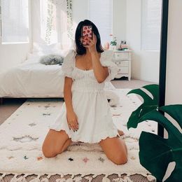 Casual Dresses Vintage-inspired Cotton Mini Dress Women 2023 Summer Short Sleeve Lace-up Ruffled Square Neck White Drop