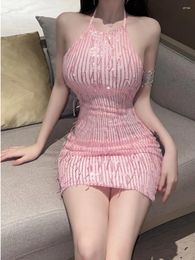 Casual Dresses WOMENGAGA Bright Mini Dress Sweet Spicy Girl Sexy Hanging Neck Sequin Tassel Pink Backless Tight Elegant For Women YF09