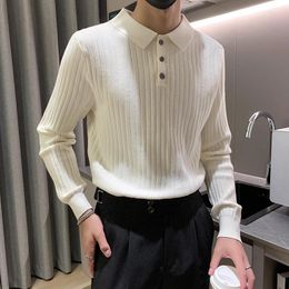 Men's Sweaters Korean Style Lapel Polo Knitted For Men Fashion Simple Long Sleeved Slim Male Pullovers Knitwear Winter Warm Streetwear