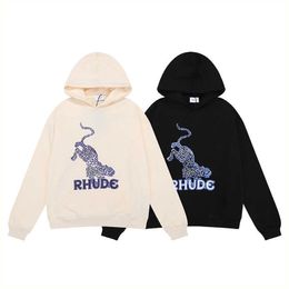 Designer Clothing Hoodies Sweatshirts New Rhude Leopard Print Fashion Hooded Sweatshirt High Street American Small Unisex Loose Hoodie Streetwear Tops For sale