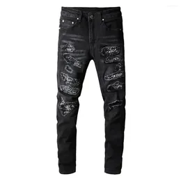 Men's Jeans Mens Printed Patchwork Stretch Streetwear Black Denim Pencil Pants Slim Skinny Ripped Trousers