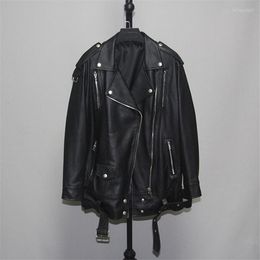 Women's Leather Women Genuine Jacket For Real Sheep Loose Fashion Motorcycle Jackets Belted Biker Y3832